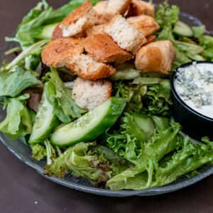 Spring mix, cucumber, crouton, and choice of dressing. **contains wheat, egg, dairy, dressing may contain fish, soy**